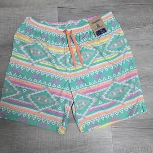 NWT Chubbies Men's Aqua and Pink Geometric Lined Swim Shorts- Size Large